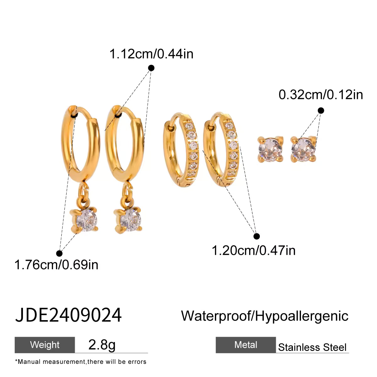 18k Gold Stainless Steel Zircon Hoop Earrings Set Three Pairs Classic Style
