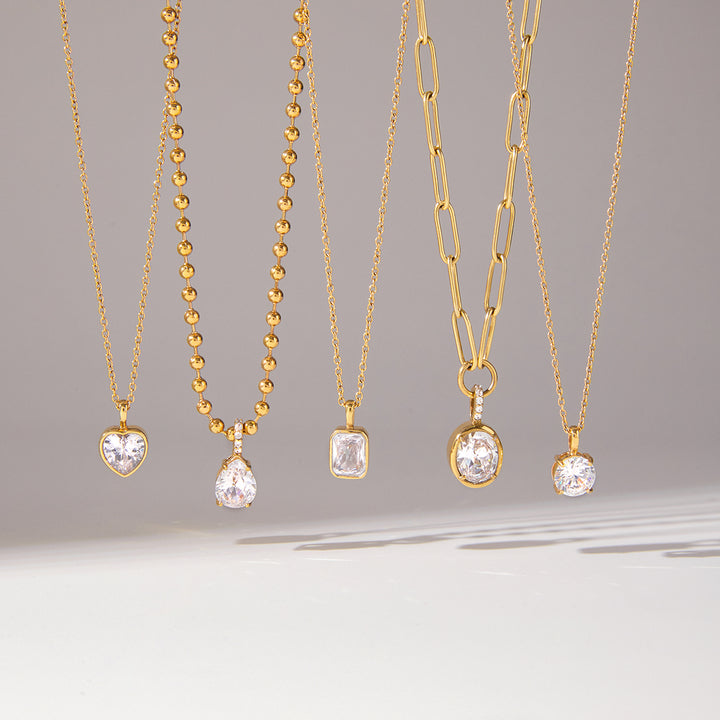 J&D Women Fashion Pendant Necklace 18K Gold Dainty Delicate White Zircon Bead Chain Ring Pendant Necklace