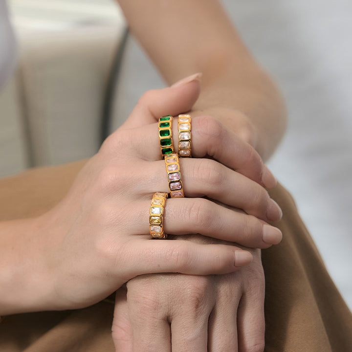 J&D 18K Gold PVD Stainless Steel Ring Rectangle Multi Color Zirconia Inlaid Tarnish Free Baguette Cut Luxury Female Jewelry