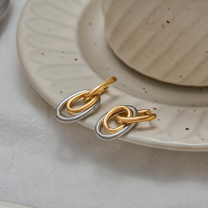J&D Minimalist Two Tone Two Hoop Ring Dangle Earring for Women Stainless Steel Jewelry Fashion