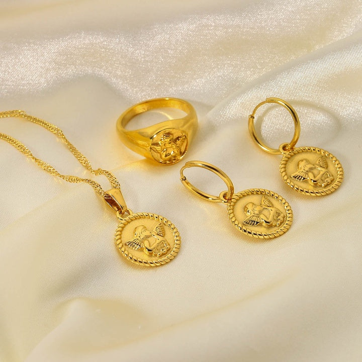 18K Gold Plated Stainless Steel Jewelry Sets Embossed Angel Drop Earrings Rings Pendant Necklace