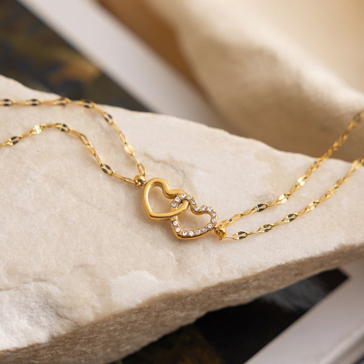 JD Romantic Open Heart Double Loop Bracelet for Women 18K Gold Plated with White CZ Crystals Dainty Valentine Gift Jewelry