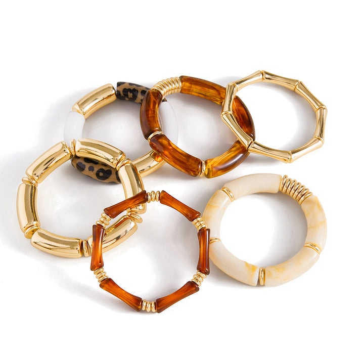 J&D Vintage Resin Bamboo Bangles UV Gold Plated Leopard Amber Resin Bamboo Joint Bangle Bracelets 2pcs Set