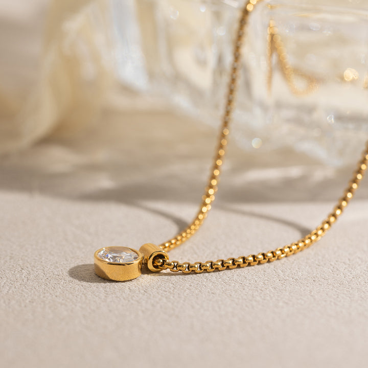 J&D Minimalist Oval White CZ Pendant Necklace Stainless Steel 18K Gold Plated Box Chain Classic Jewelry Gift for Women