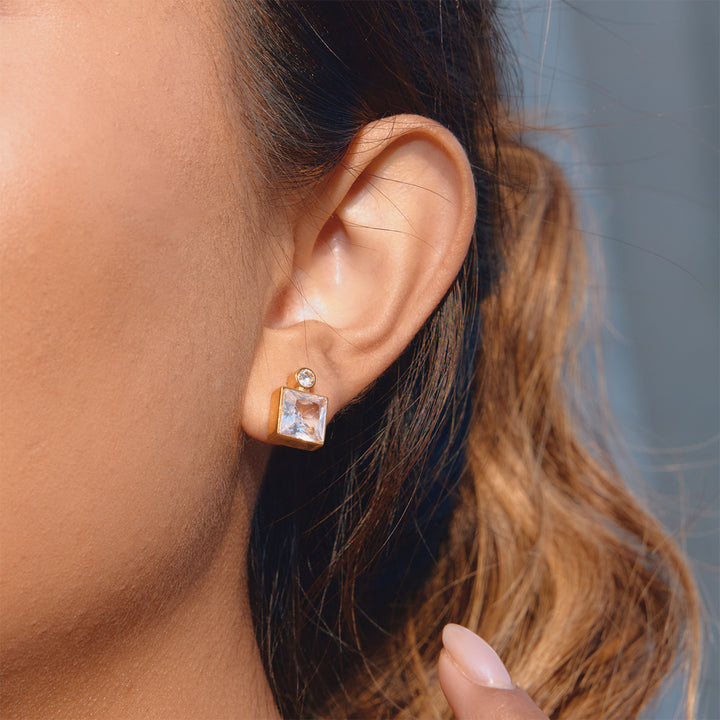 J&D Elegant Mixed Shape CZ Stud Earrings Teardrop and Rectangular Geometric Design 18K Gold Plated Stainless Steel Earrings