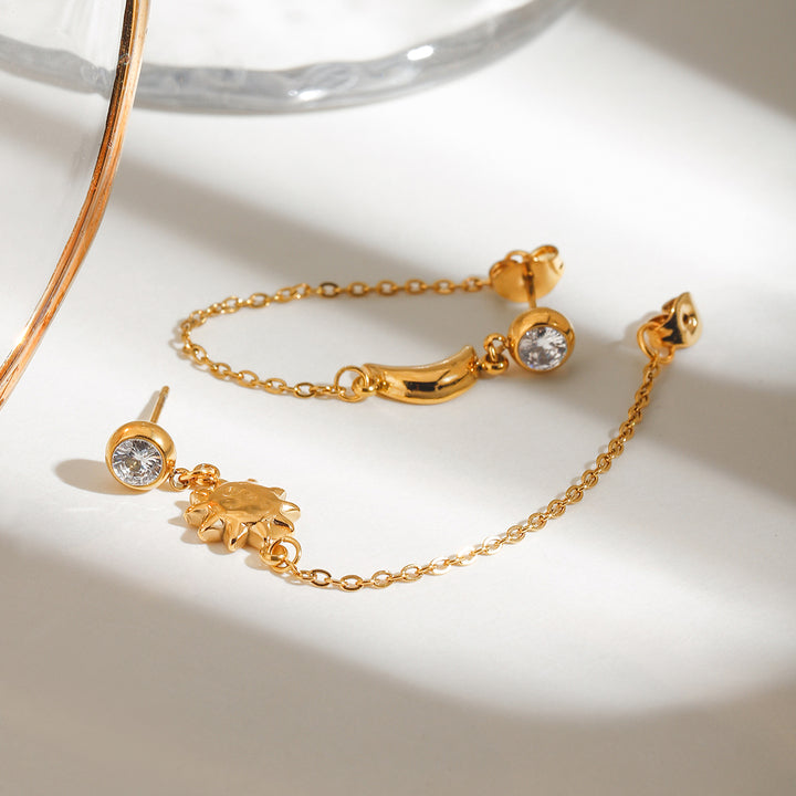 J&D Unique 18K Gold Stainless Steel Star & Moon Earrings with White Zircon for Women AB Style Pair