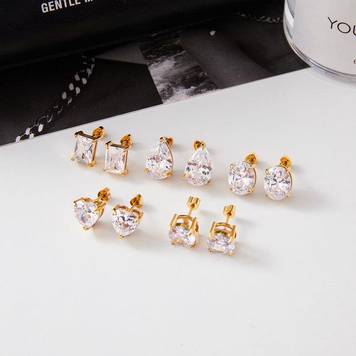 J&D Classic Stud Earring Jewelry for Women Stainless Steel Large Zircon Semi-precious Stone Solitaire Diamond Earring