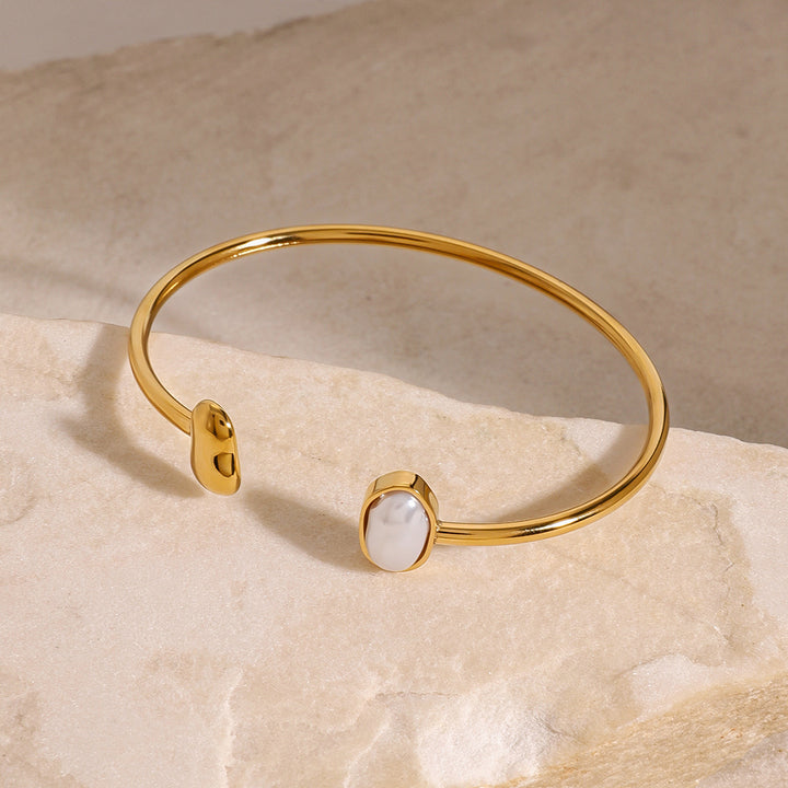 J&D 18k Gold Stainless Steel Pearl Spring Bangle Waterproof Tarnish Free Jewelry