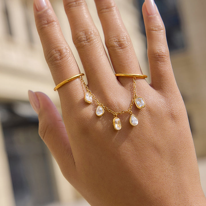 J&D Luxury 18K Gold Plated Stainless Steel Finger Bracelet Tassel Ring Set Square Pear CZ Tarnish Free Slave Rings for Party