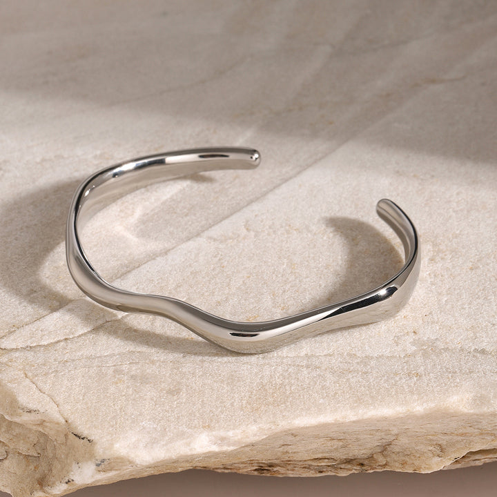 J&D Stainless Steel Fine Wave Open Bangle Bracelet Minimalist Design
