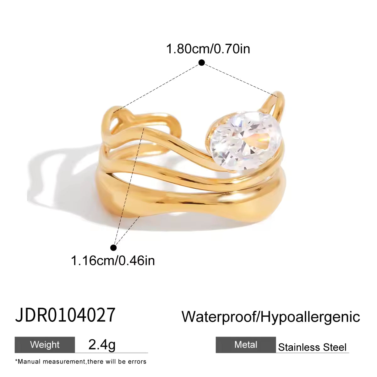 18K Gold Plate Stainless Steel Rings Modern Minimalist Lines Double-layer Hollow Geometric Large Zircon Open Solitaire Ring
