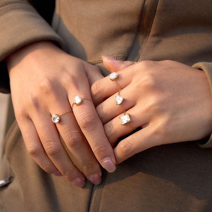J&D Luxury 18K Gold Plated Stainless Steel Rings White Zircon Pear Heart Square Adjustable Slider Ring Tarnish Free Jewelry