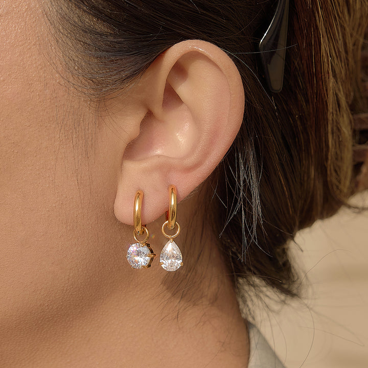 J&D Elegant CZ Hoop Earring 18K Gold Stainless Steel Classic Delicate Oval Round Teardrop Zircon Hoop Earring