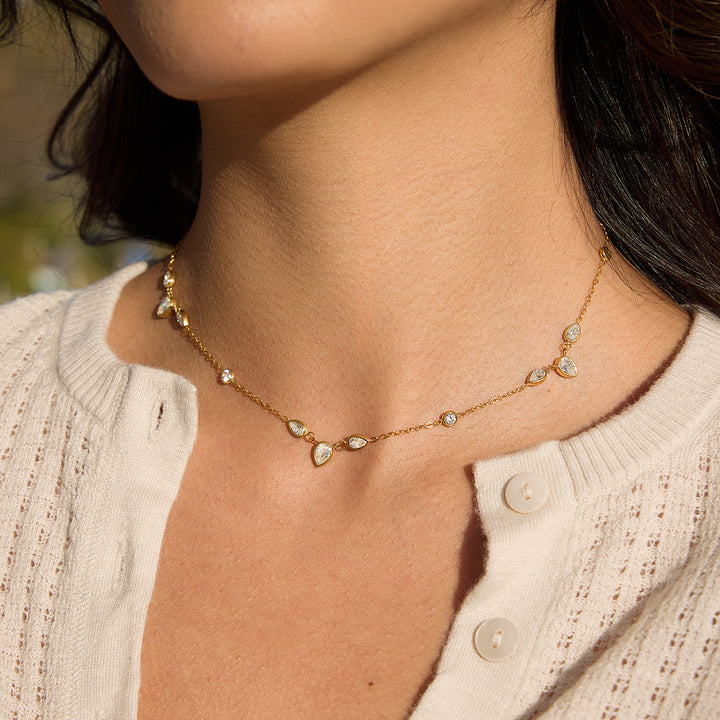 J&D 18K PVD Gold Plate Stainless Steel Necklace Waterproof Classic White Teardrop Zircon O-Chain Necklace