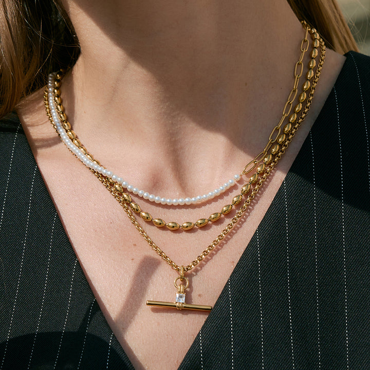 J&D Original Design Classic Inspire T Bar Pendant 18K Gold Stainless Steel Silver Square Cubic Zircon T Bar Cross Chain Necklace