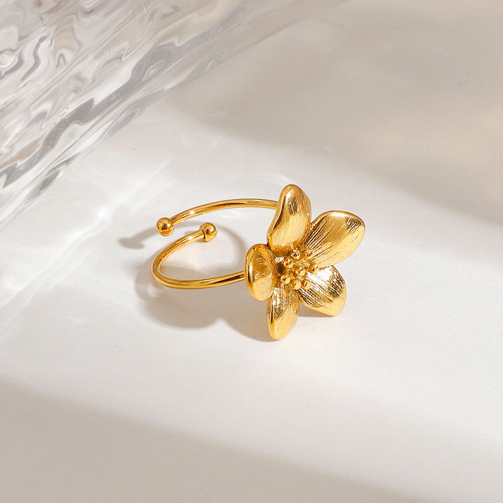 J&D 18K Gold Romantic Jewelry Stainless Steel Flower Adjustable Open Ring Sweet