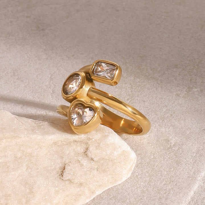 Zircon Multi Three Layers Ring Hollowed 18K PVD Gold Plated Stainless Steel Three-layer Heart Opening Ring for Women Jewelry