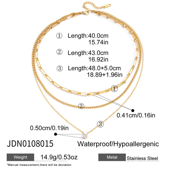 J&D Stainless Steel 18K PVD Gold Plating Three Layers Cuban Paper Clip O Shape Chain CZ Cubic Zircon Necklace
