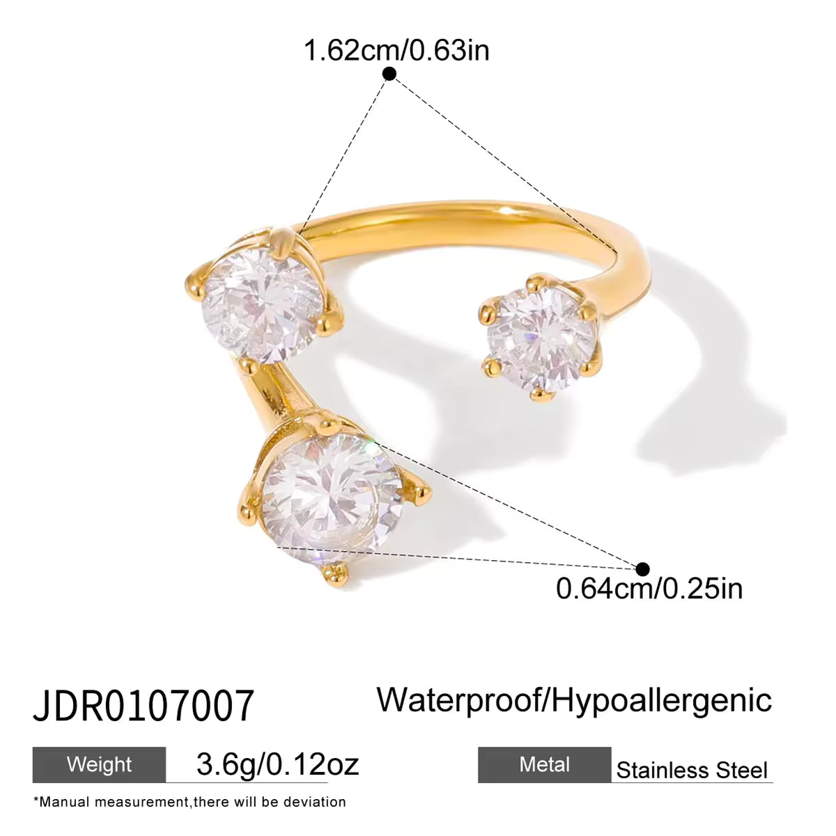 Minimalist 18K Gold Plated Stainless Steel Ring Asymmetrical Branch-shaped Zircon Adjustable Opening Ring