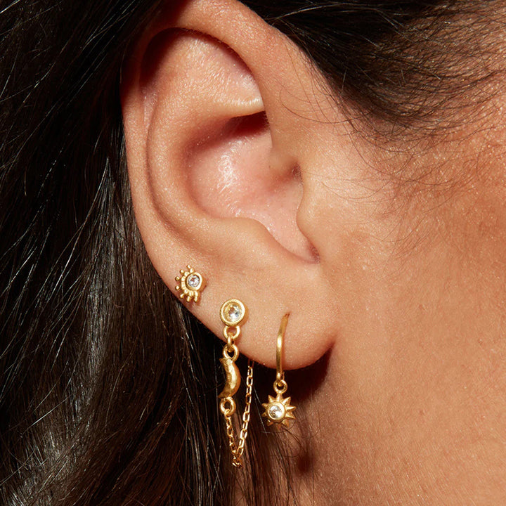 J&D Unique 18K Gold Stainless Steel Star & Moon Earrings with White Zircon for Women AB Style Pair