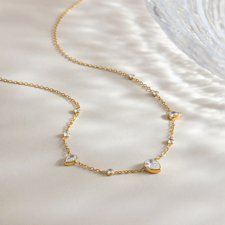 J&D 18K PVD Gold Plate Stainless Steel Necklace Trendy Classic White Teardrop-shaped Zircon Necklace
