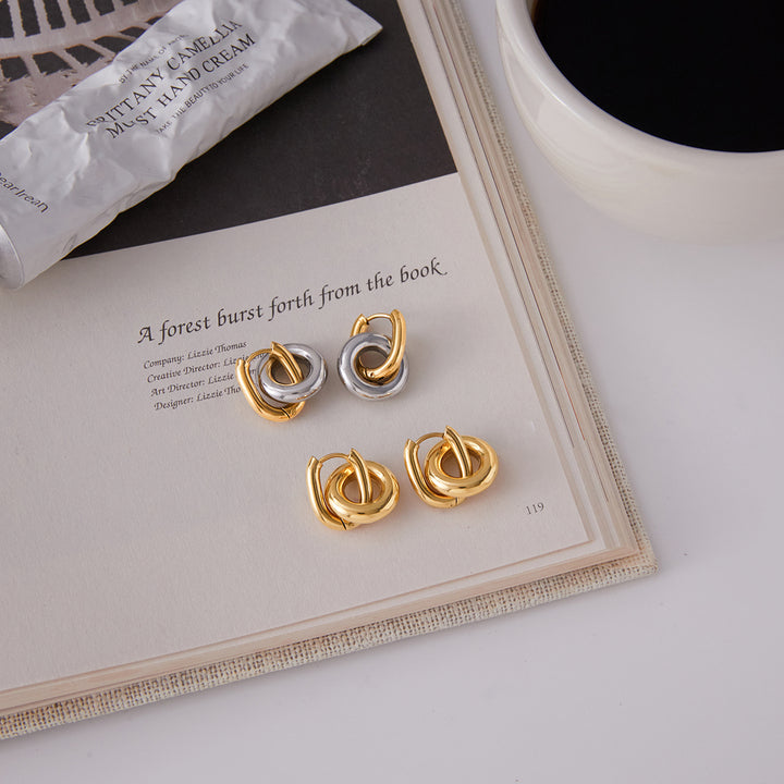 J&D Jewelry Drop Earring 18K PVD Plated Stainless Steel Two Tone Smooth Double Circle Pendant Earrings