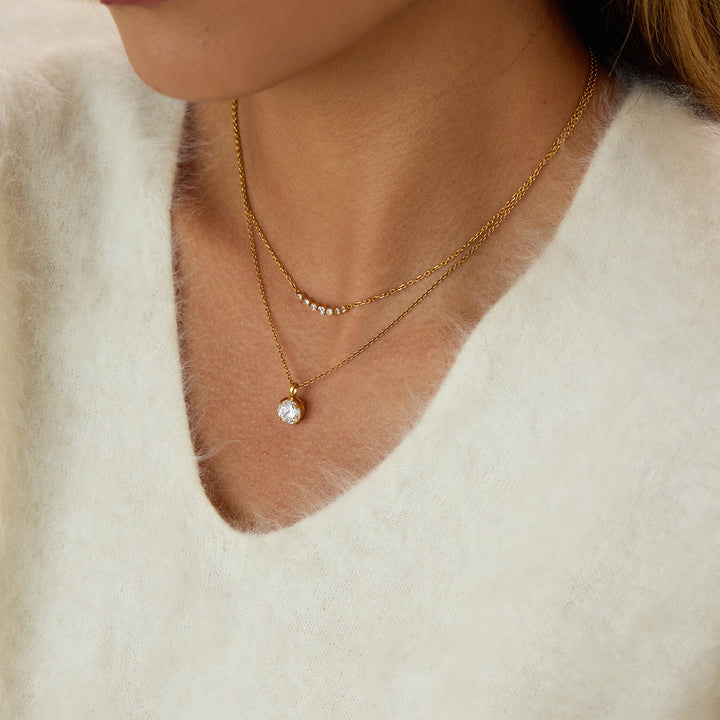 J&D CZ Stone Layered Necklace Stainless Steel Gold Tone Dainty Minimalist Setting Polishing Trendy Gift Daily Wear Party Women