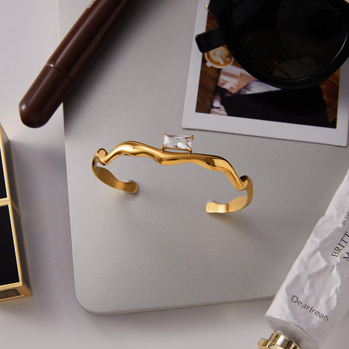 J&D Jewelry Wave Irregular Cuff Bangle 18K Gold Plated Stainless Steel Zircon Opening Bangle
