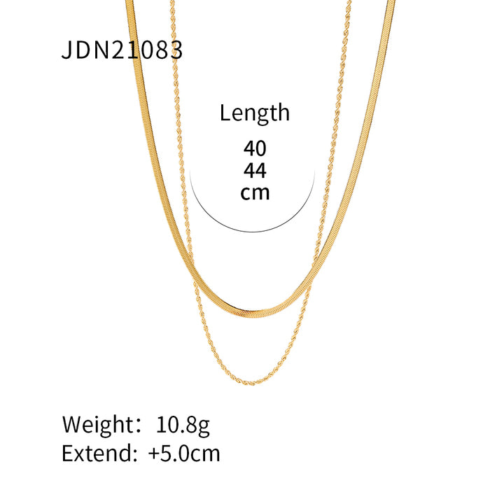 J&D Jewelry Waterproof 18K PVD Gold Plating Also Silver Colorway Two Layers Rope Flat Snake Chain Necklace