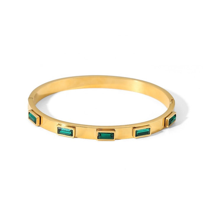 18k Gold Plated Green Cubic Zirconia Bezel Setting Dainty Stainless Steel Bangles for Women As Gift
