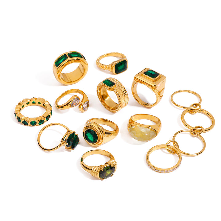 J&D Fashionable Minimalist 18K Gold Plated Statement Stainless Steel Summer Green Ring