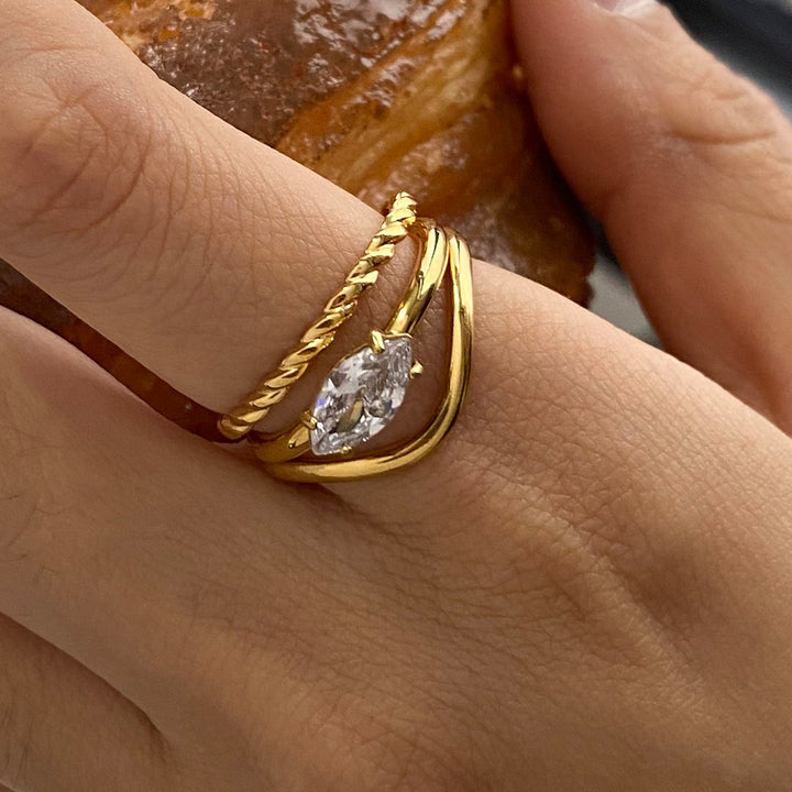 J&D 18K Gold Stainless Steel White Diamond Marquise Shaped Diamond and Two-Layer Hollow Braided Stackable Rings Set