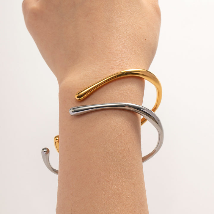 18K Gold and Silver Plated Water Wave Irregular Opening Stainless Steel Bangles Simple Style for Women