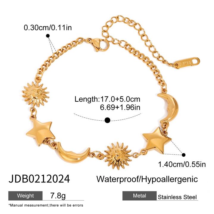 J&D Women's Fashionable Star and Sun Shaped Chain Link Bracelet Soft Material Embossing Enamel Jewelry Charm