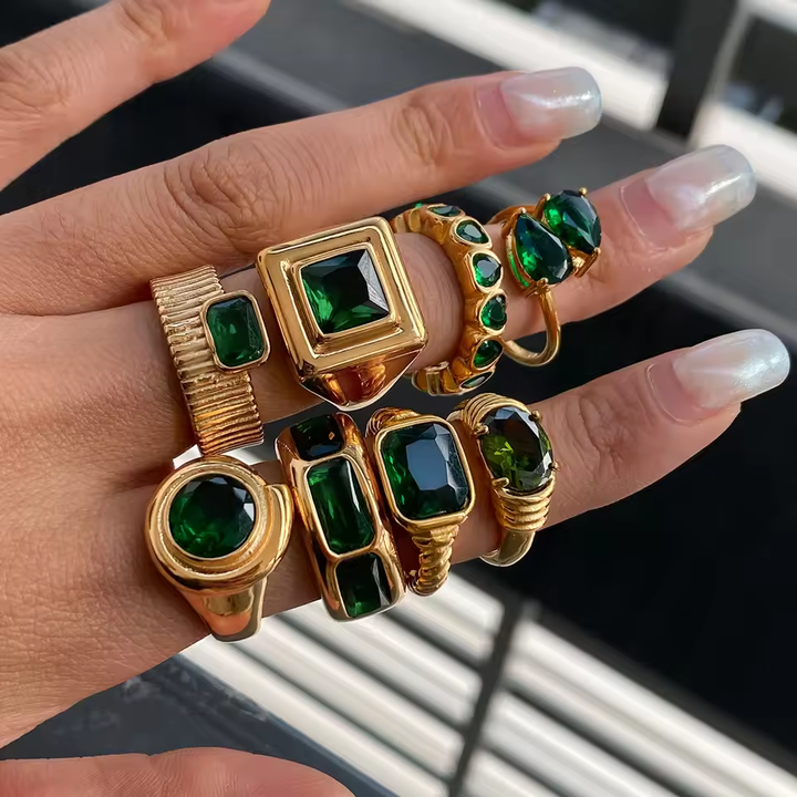 J&D Fashionable Minimalist 18K Gold Plated Statement Stainless Steel Summer Green Ring