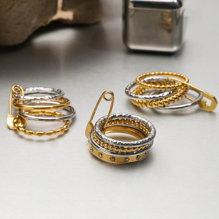J&D 18K Gold Plate Stainless Steel Rings Classic Gold and Silver Twist Paper Clip Multi-layer Stacking Rhinestone Ring