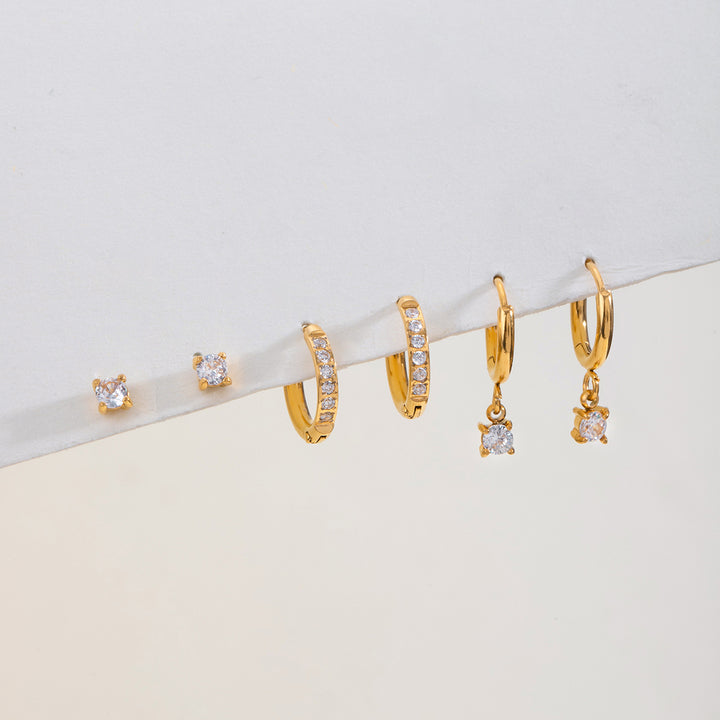 J&D 18k Gold Stainless Steel Zircon Hoop Earrings Set Three Pairs Classic Style