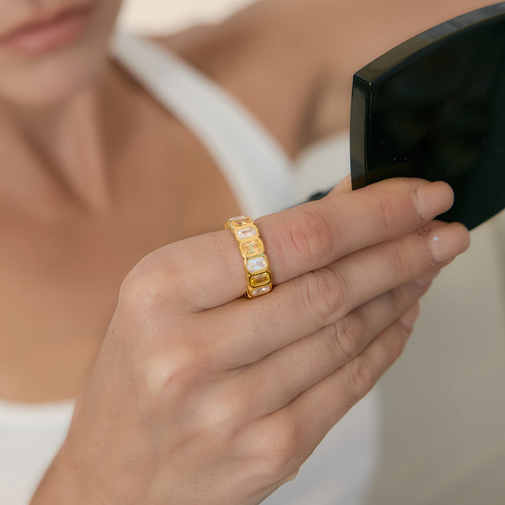 J&D 18K Gold PVD Stainless Steel Ring Rectangle Multi Color Zirconia Inlaid Tarnish Free Baguette Cut Luxury Female Jewelry