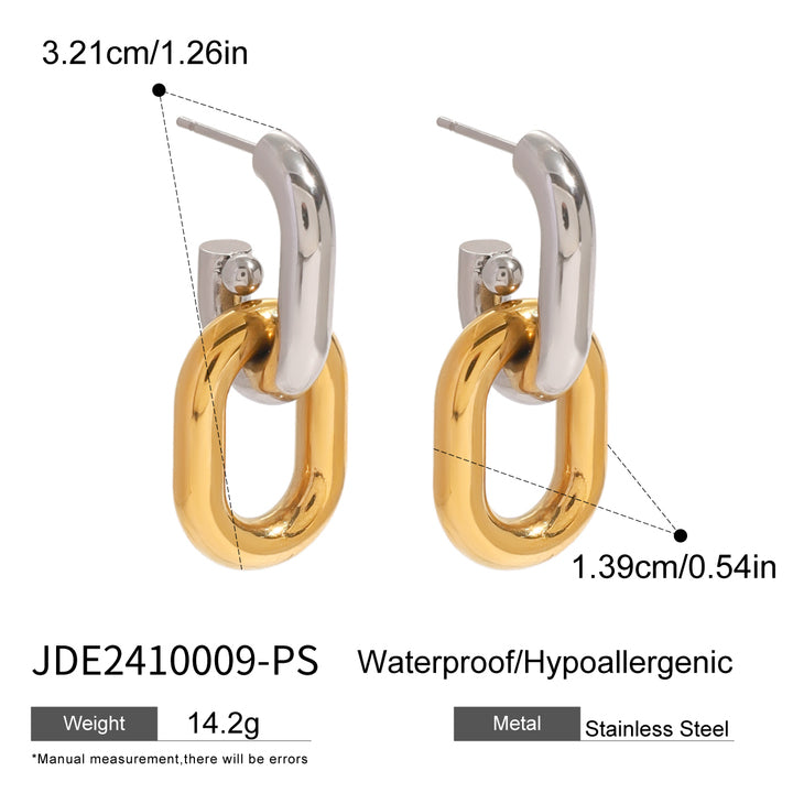 J&D 18k Gold Silver Stainless Steel Retro Knocker Earrings Contemporary Vintage Style Two Tone Chain Hoop with Geometric Pattern