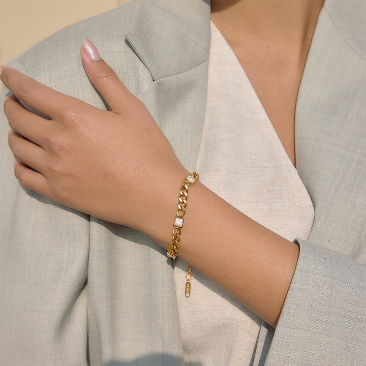 J&D Luxury 18K Gold Stainless Steel Bracelet Square Zirconia Cuban Link Chain Sweatproof PVD Plated Sporty Trendy Jewelry