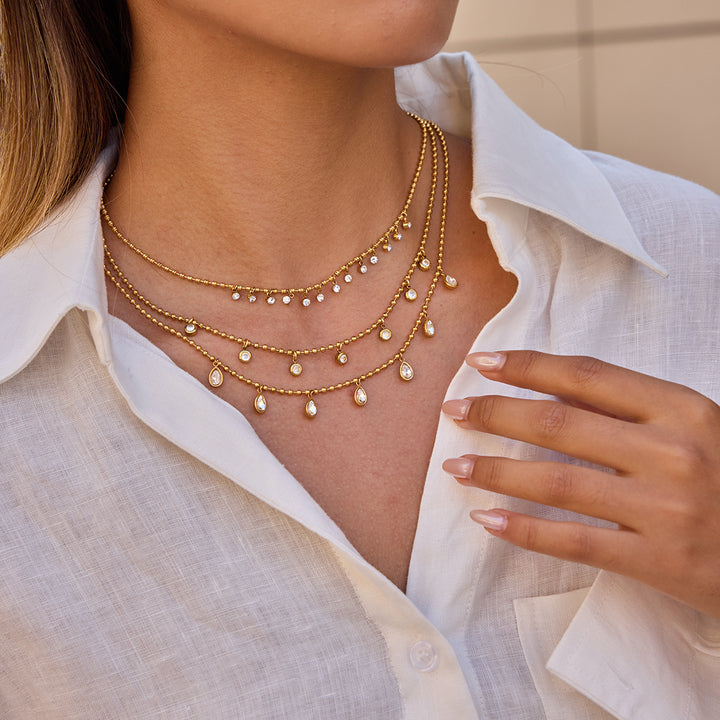J&D 18K PVD Gold Plate Stainless Steel Necklace Trendy Classic Teardrop-shaped Zircon Pendant Necklace