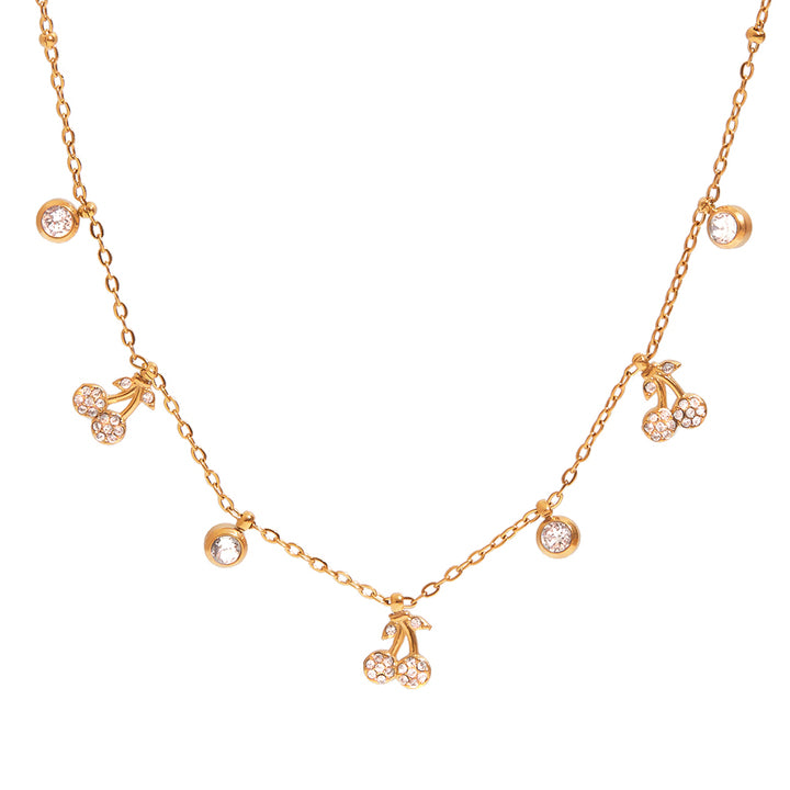 J&D 18K Gold Plated Stainless Steel Jewelry Cute Rhinestone Cherry Round Zircon Chain Necklace