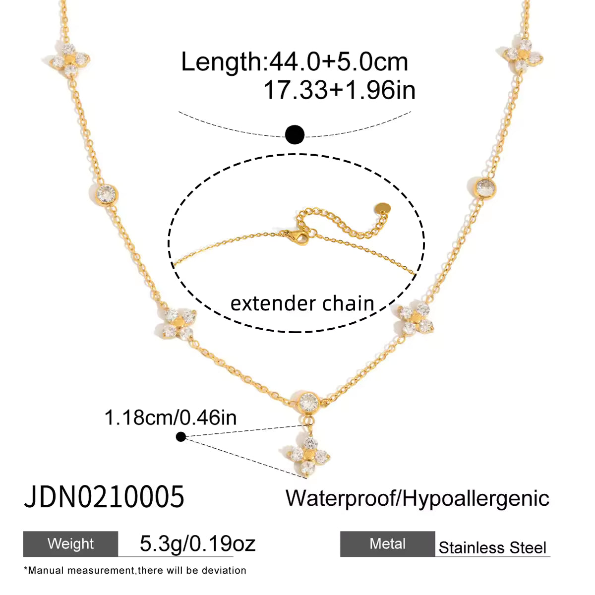 18K PVD Gold Plate Stainless Steel Necklace Trendy Classic White Zircon Four-leaf Clover Necklace