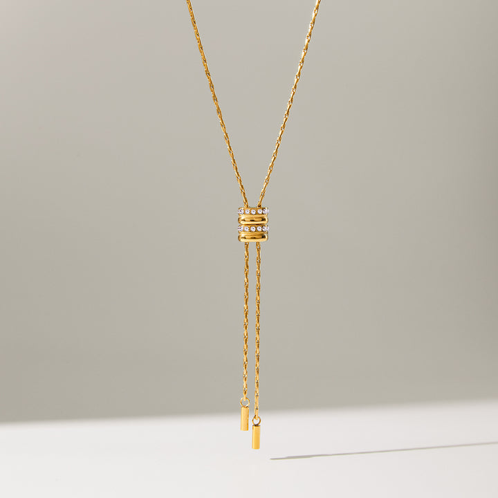 J&D Lariat Y Necklace Stainless Steel Long Sweater Necklace Adjustable Slider Tassel CZ Stone Minimalist Modern Party Gift