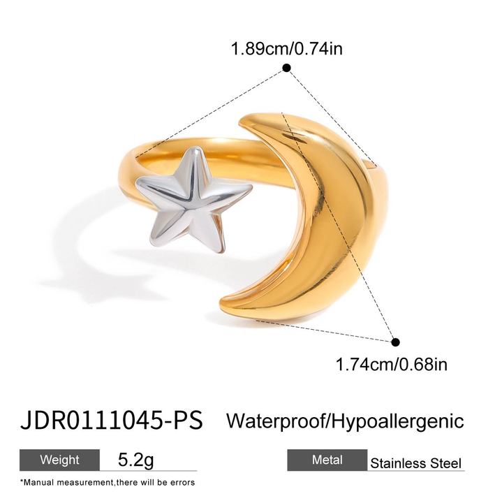 J&D Modern 18K Gold Plated Stainless Steel Ring Trendy Moon Star Two Tone Design for Daily Wear and Anniversary Occasions