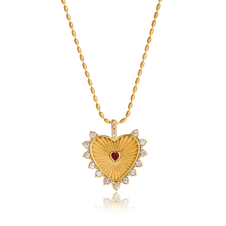 J&D Minimalist Classic Rib Heart Pendant 18K Gold Stainless Steel Fashionable White Red Rhinestone Rib Heart Necklace