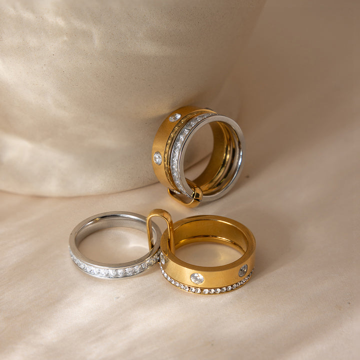 J&D 18K Gold Plate Stainless Steel Rings Classic Two Tone White Rhinestone Multi-ring Stacking Ring