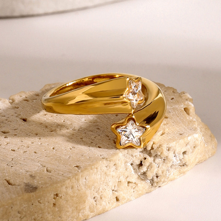 J&D Women Elegant Jewelry 18K Gold Plated Stainless Steel Asymmetrical Open Five-point Star Zircon Ring