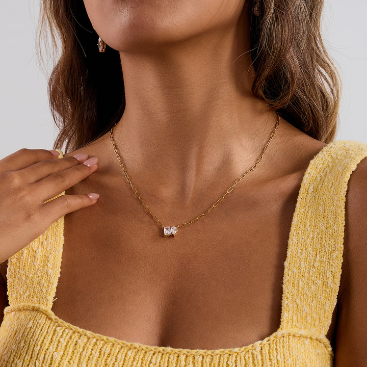 JD 18K Gold Plate Stainless Steel Necklace Trendy Classic Drop Square Shape White Zircon Pendant Necklace