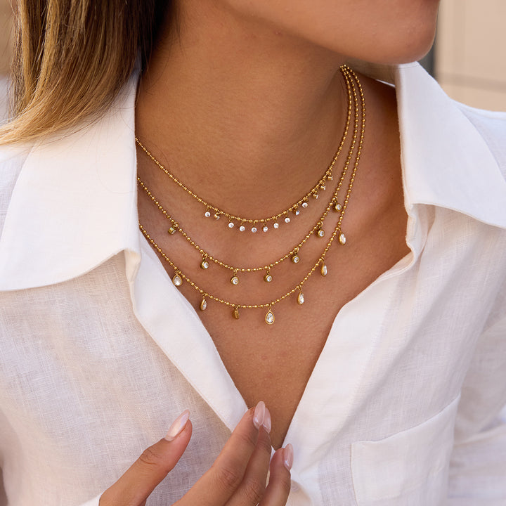 J&D Crystal Pendant Necklace 18K Gold Plated Stainless Steel Multi Shape Zirconia Charm Bead Chain Timeless Everyday Jewelry